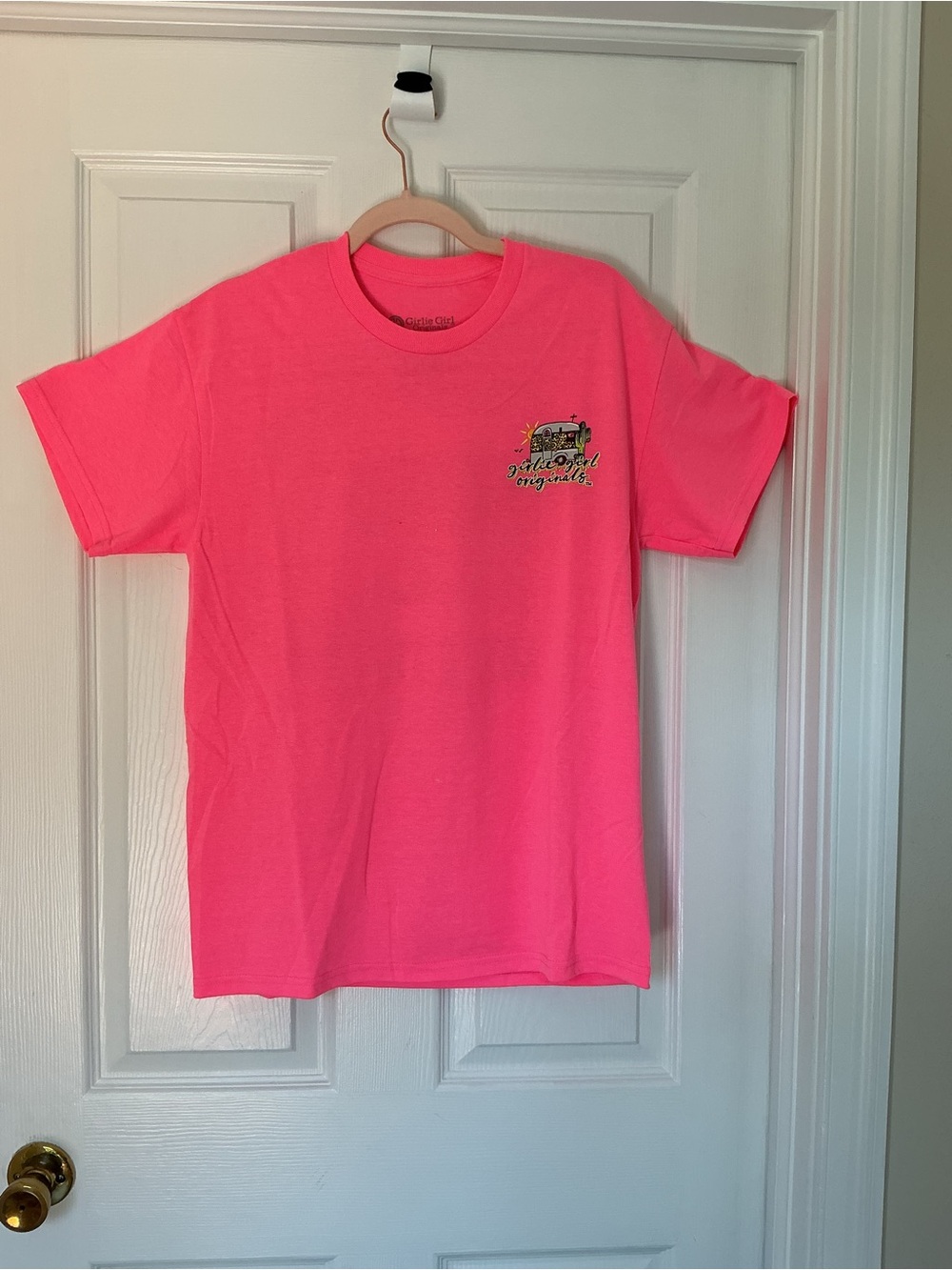 Neon Pink Short Sleeve Camping Theme Tshirt